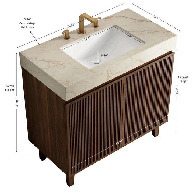 Alt view image 4 of 6 - 36 Inch Vanity and Sink, Freestanding Cabinet Vein Sintered Stone Top and Ceramic Basin with Pre Drilled Faucet Holes