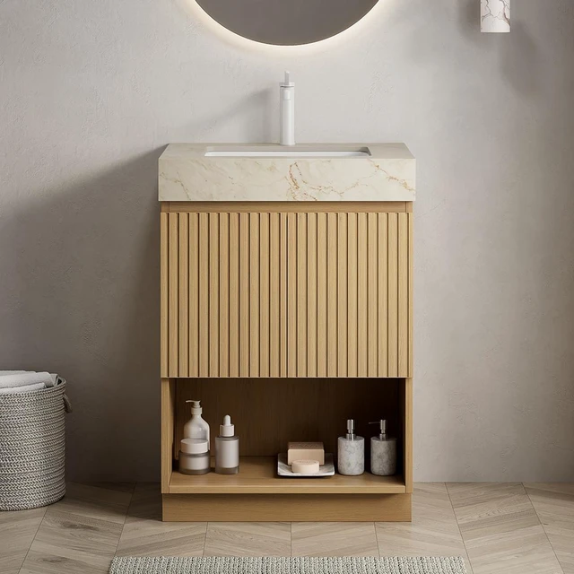 Main image of 24 Inch Vanity and Sink, Freestanding Cabinet Vein Sintered Stone Top and Ceramic Basin with Pre Drilled Faucet Hole