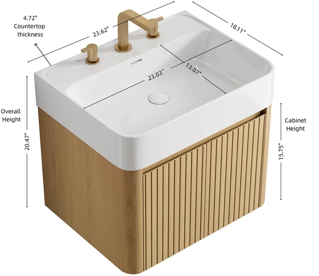 Alt view image 4 of 5 - 24 Inch Vanity and Sink, Floating Storage Cabinet Solid Surface Integrated Basin with Pre Drilled Faucet Holes