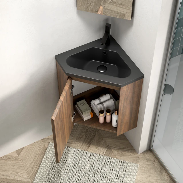 Alt view image 2 of 7 - 22 Inch Vanity and Sink, Wall-Mounted Floating Triangular Striped Plywood Storage Cabinet with One Door Integrated