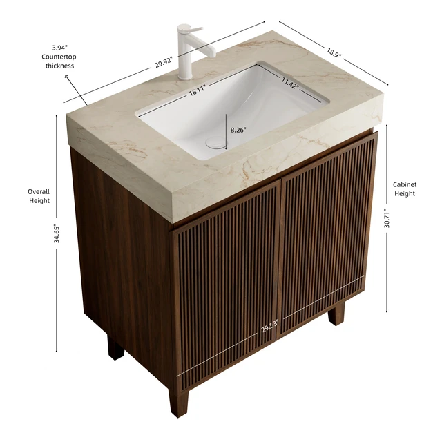 Alt view image 4 of 6 - 30 Inch Vanity and Sink, Freestanding Cabinet Vein Sintered Stone Top and Ceramic Basin with Pre Drilled Faucet Hole