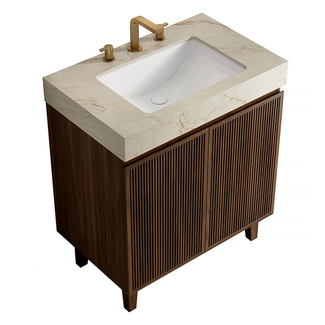 Alt view image 3 of 6 - 30 Inch Vanity and Sink, Freestanding Cabinet Vein Sintered Stone Top and Ceramic Basin with Pre Drilled Faucet Holes