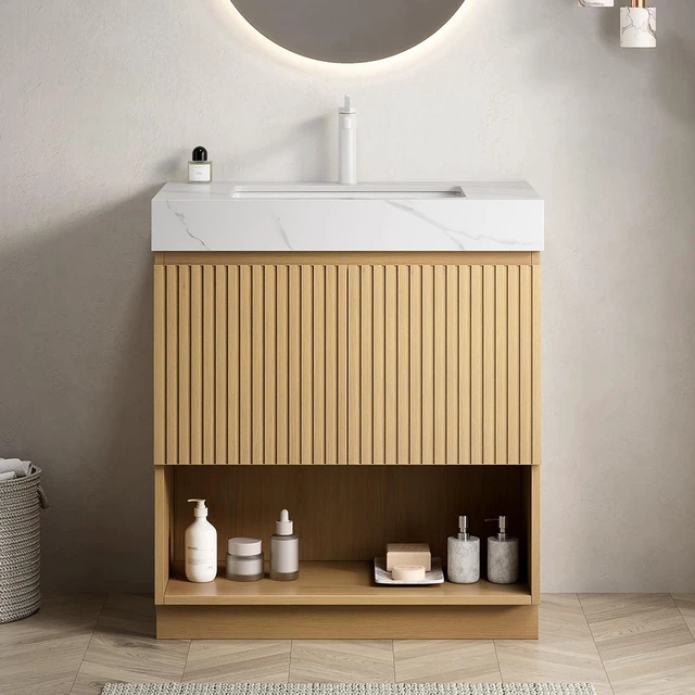 Main image of 30 Inch Vanity and Sink, Freestanding Cabinet Carrara Sintered Stone Top and Ceramic Basin with Pre Drilled Faucet Hole