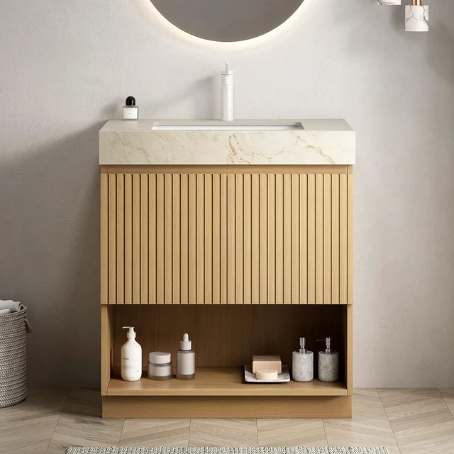 Main image of 30 Inch Vanity and Sink, Freestanding Cabinet Vein Sintered Stone Top and Ceramic Basin with Pre Drilled Faucet Hole