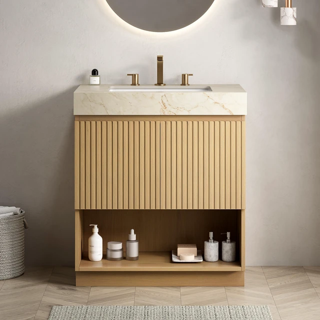 Main image of 30 Inch Vanity and Sink, Freestanding Cabinet Vein Sintered Stone Top and Ceramic Basin with Pre Drilled Faucet Holes