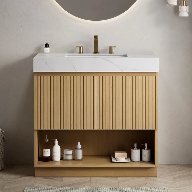 Main image of 36 Inch Vanity and Sink, Freestanding Cabinet Carrara Sintered Stone Top and Ceramic Basin with Pre Drilled Faucet