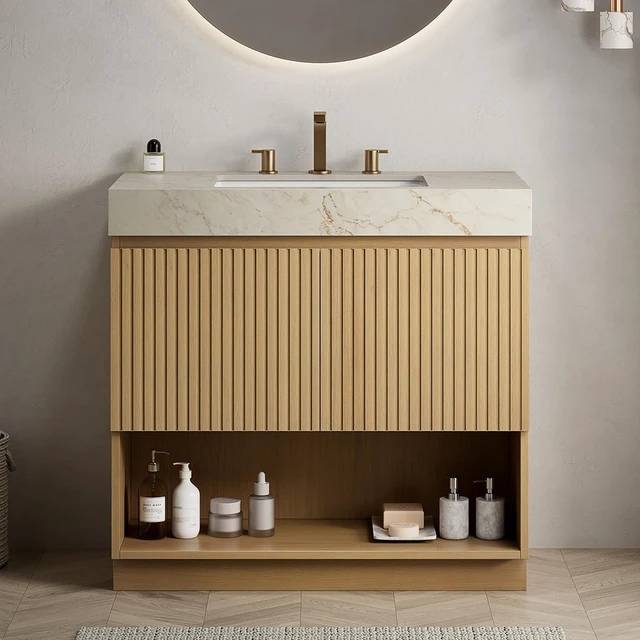 Main image of 36 Inch Vanity and Sink, Freestanding Cabinet Vein Sintered Stone Top and Ceramic Basin with Pre Drilled Faucet Holes