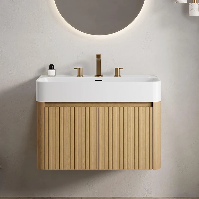 Main image of 30 Inch Vanity and Sink, Floating Storage Cabinet Solid Surface Integrated Basin with Pre Drilled Faucet Holes