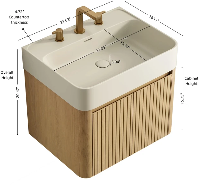 Alt view image 5 of 6 - 24 Inch Vanity and Sink, Floating Storage Cabinet Solid Surface Integrated Basin with Pre Drilled Faucet Holes