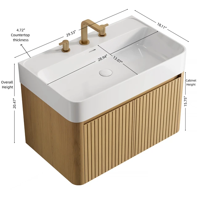 Alt view image 4 of 5 - 30 Inch Vanity and Sink, Floating Storage Cabinet Solid Surface Integrated Basin with Pre Drilled Faucet Holes