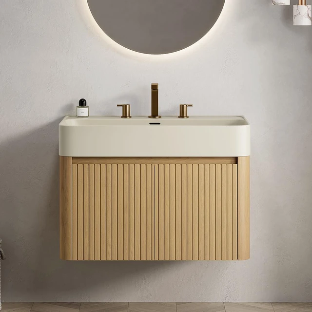 Main image of 30 Inch Vanity and Sink, Floating Storage Cabinet Solid Surface Integrated Basin with Pre Drilled Faucet Holes