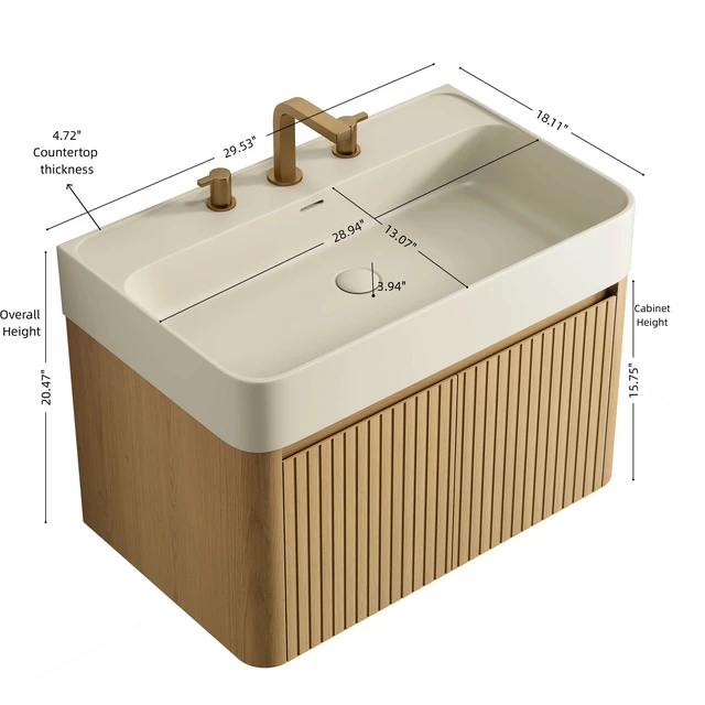Alt view image 5 of 6 - 30 Inch Vanity and Sink, Floating Storage Cabinet Solid Surface Integrated Basin with Pre Drilled Faucet Holes