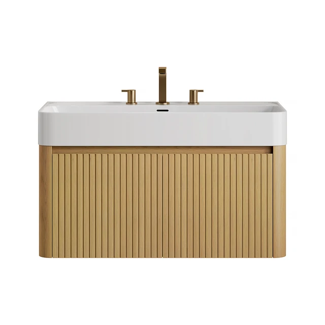 Alt view image 2 of 5 - 36 Inch Vanity and Sink, Floating Storage Cabinet Solid Surface Integrated Basin with Pre Drilled Faucet Holes