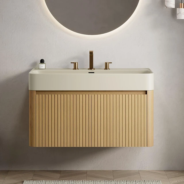 Main image of 36 Inch Vanity and Sink, Floating Storage Cabinet Solid Surface Integrated Basin with Pre Drilled Faucet Holes