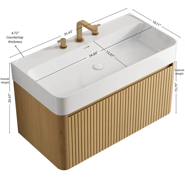Alt view image 4 of 5 - 36 Inch Vanity and Sink, Floating Storage Cabinet Solid Surface Integrated Basin with Pre Drilled Faucet Holes