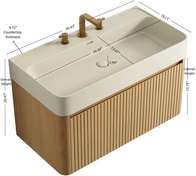 Alt view image 4 of 5 - 36 Inch Vanity and Sink, Floating Storage Cabinet Solid Surface Integrated Basin with Pre Drilled Faucet Holes