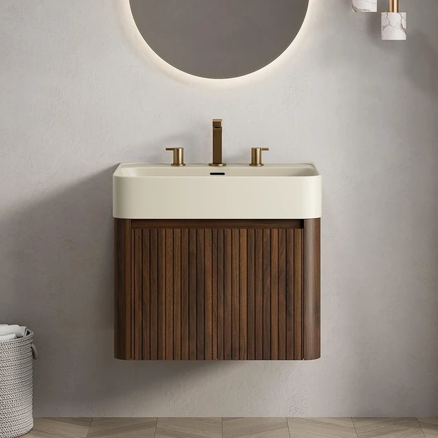 Main image of 24 Inch Vanity and Sink, Floating Storage Cabinet Solid Surface Integrated Basin with Pre Drilled Faucet Holes