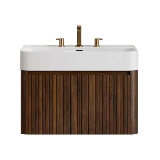 Alt view image 3 of 6 - 30 Inch Vanity and Sink, Floating Storage Cabinet Solid Surface Integrated Basin with Pre Drilled Faucet Holes
