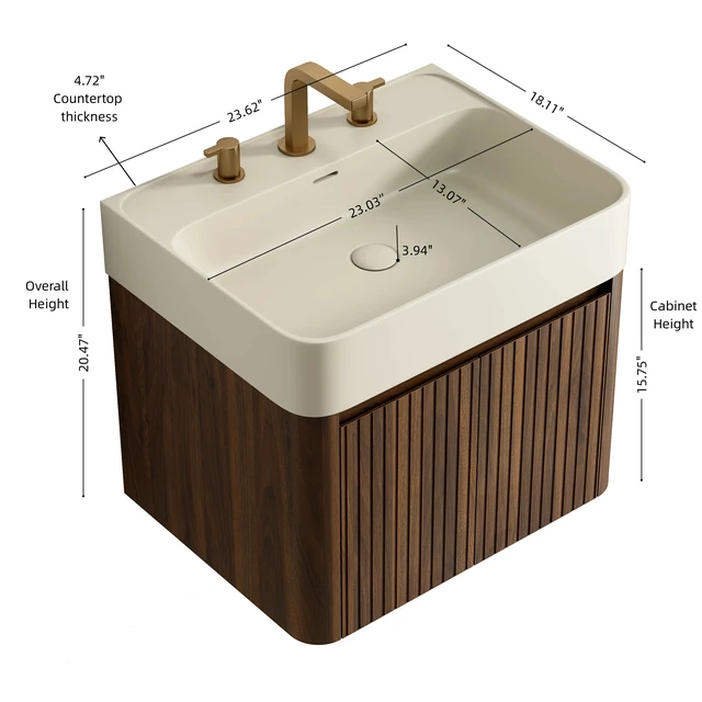 Alt view image 5 of 6 - 24 Inch Vanity and Sink, Floating Storage Cabinet Solid Surface Integrated Basin with Pre Drilled Faucet Holes