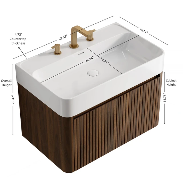 Alt view image 5 of 6 - 30 Inch Vanity and Sink, Floating Storage Cabinet Solid Surface Integrated Basin with Pre Drilled Faucet Holes