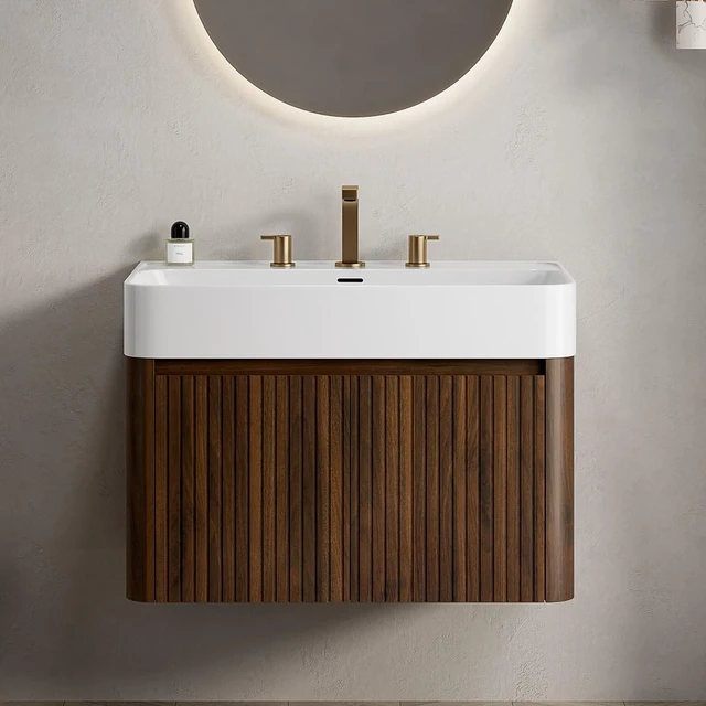 Main image of 30 Inch Vanity and Sink, Floating Storage Cabinet Solid Surface Integrated Basin with Pre Drilled Faucet Holes