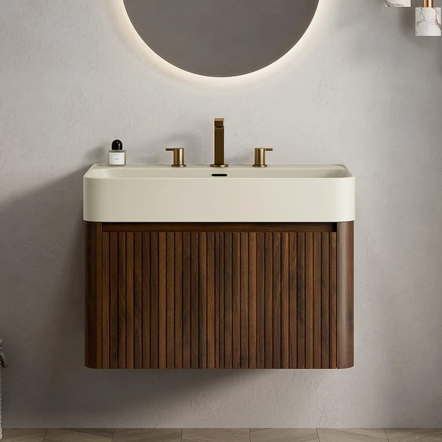 Main image of 30 Inch Vanity and Sink, Floating Storage Cabinet Solid Surface Integrated Basin with Pre Drilled Faucet Holes