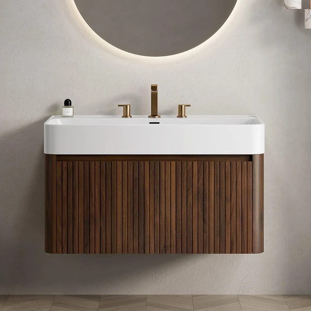 Main image of 36 Inch Vanity and Sink, Floating Storage Cabinet Solid Surface Integrated Basin with Pre Drilled Faucet Holes