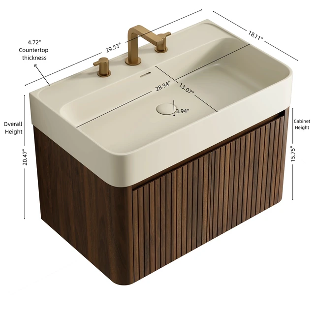 Alt view image 5 of 6 - 30 Inch Vanity and Sink, Floating Storage Cabinet Solid Surface Integrated Basin with Pre Drilled Faucet Holes