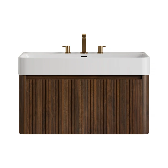 Alt view image 3 of 6 - 36 Inch Vanity and Sink, Floating Storage Cabinet Solid Surface Integrated Basin with Pre Drilled Faucet Holes