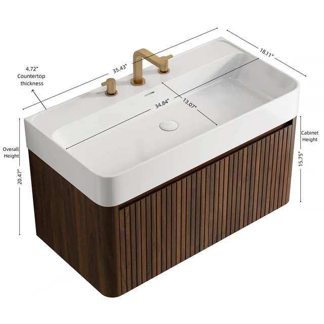 Alt view image 5 of 6 - 36 Inch Vanity and Sink, Floating Storage Cabinet Solid Surface Integrated Basin with Pre Drilled Faucet Holes