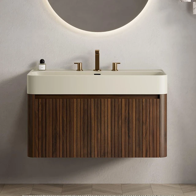 Main image of 36 Inch Vanity and Sink, Floating Storage Cabinet Solid Surface Integrated Basin with Pre Drilled Faucet Holes