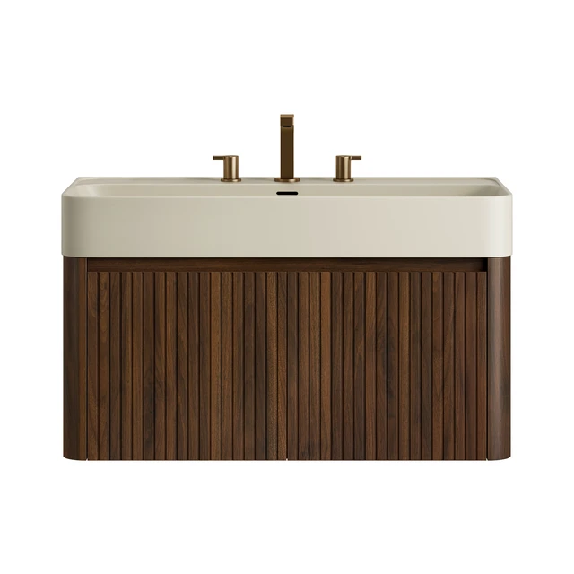 Alt view image 3 of 6 - 36 Inch Vanity and Sink, Floating Storage Cabinet Solid Surface Integrated Basin with Pre Drilled Faucet Holes
