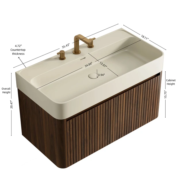 Alt view image 5 of 6 - 36 Inch Vanity and Sink, Floating Storage Cabinet Solid Surface Integrated Basin with Pre Drilled Faucet Holes