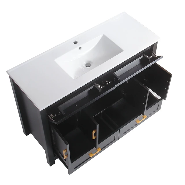 Alt view image 5 of 7 - 48 Inch Vanity Abundant Storage Cabinet Soft Close Doors and 4 Drawers Excluding the Ceramic Basin, Black, MDF