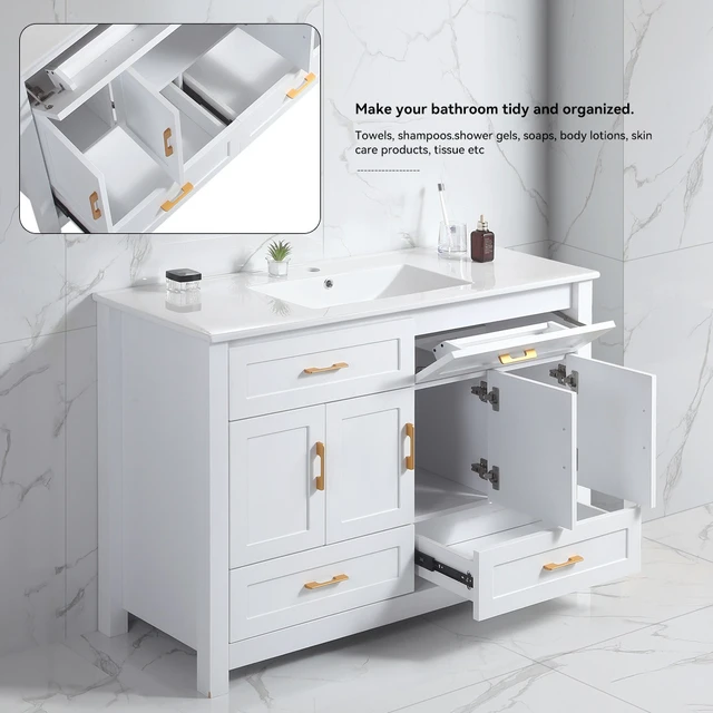 Alt view image 6 of 7 - 48 Inch Vanity, Abundant Storage Cabinet Soft Close Doors and 4 Drawers Excluding the Ceramic Basin, White, MDF