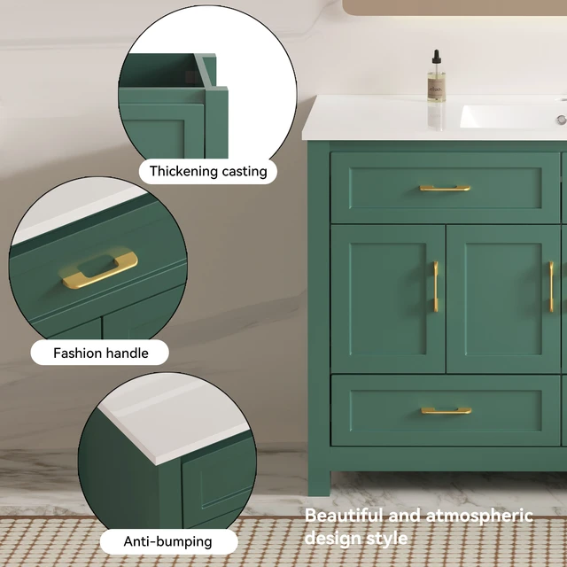 Alt view image 7 of 7 - 48 Inch Vanity, Abundant Storage Cabinet Soft Close Doors and 4 Drawers Excluding the Ceramic Basin, Green, MDF