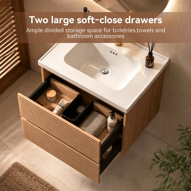 Alt view image 4 of 7 - Wall Mount 24 Inch Vanity with Ceramic Sink with One Faucet Holes, Soft Close 2 Drawer Large Storage Floating Vanity