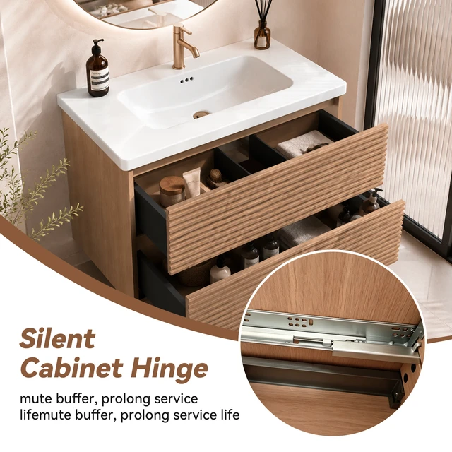 Alt view image 7 of 7 - Wall Mount 24 Inch Vanity with Ceramic Sink with One Faucet Holes, Soft Close 2 Drawer Large Storage Floating Vanity