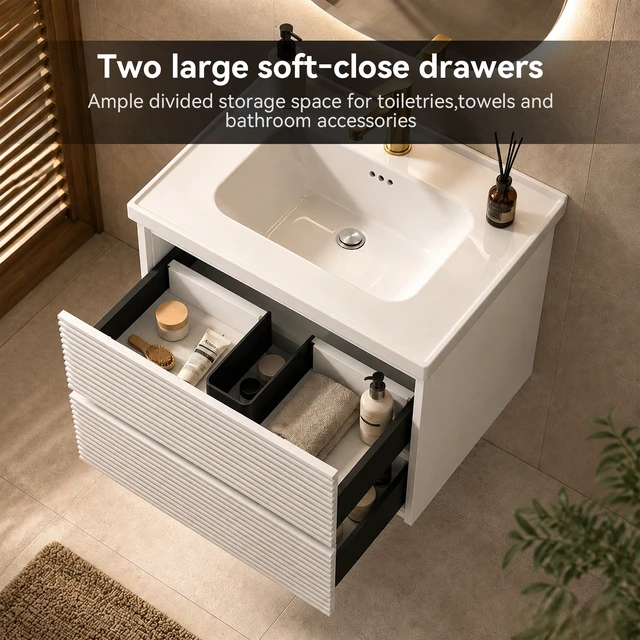 Alt view image 4 of 7 - Wall Mount 24 Inch Vanity with Ceramic Sink with One Faucet Holes, Soft Close 2 Drawer Large Storage Floating Vanity