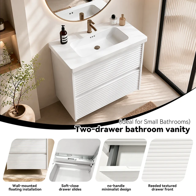 Alt view image 7 of 7 - Wall Mount 24 Inch Vanity with Ceramic Sink with One Faucet Holes, Soft Close 2 Drawer Large Storage Floating Vanity