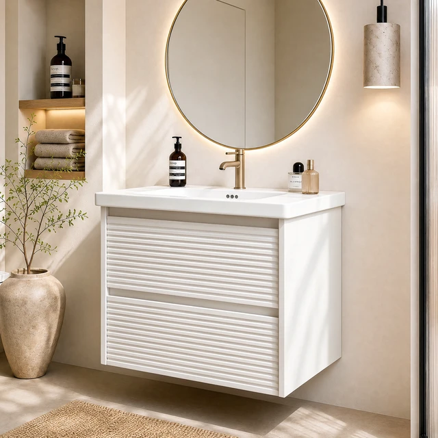Alt view image 2 of 7 - Wall Mount 24 Inch Vanity with Ceramic Sink with One Faucet Holes, Soft Close 2 Drawer Large Storage Floating Vanity