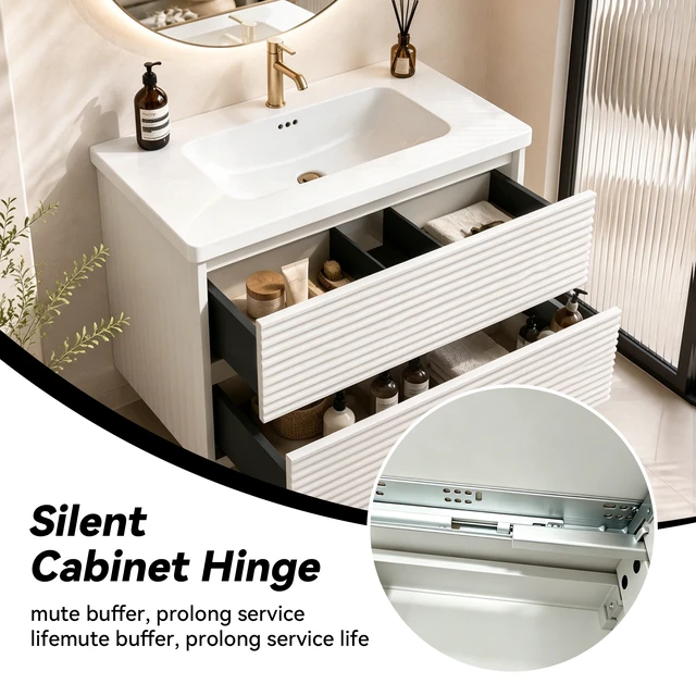 Alt view image 6 of 7 - Wall Mount 24 Inch Vanity with Ceramic Sink with One Faucet Holes, Soft Close 2 Drawer Large Storage Floating Vanity