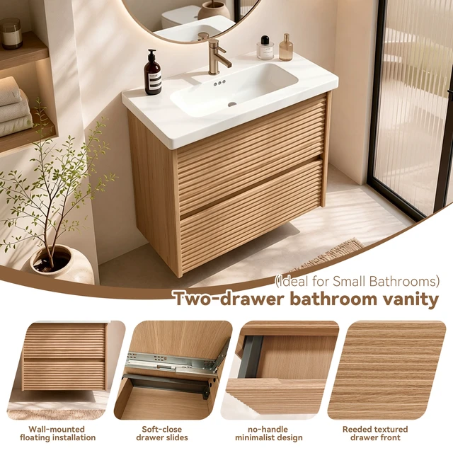 Alt view image 5 of 7 - Wall Mount 24 Inch Vanity with Ceramic Sink with One Faucet Holes, Soft Close 2 Drawer Large Storage Floating Vanity