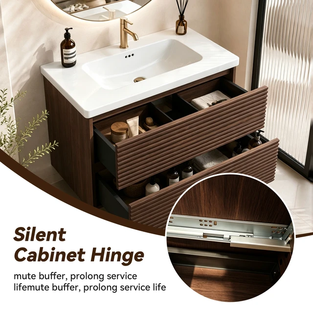 Alt view image 5 of 7 - Wall Mount 24 Inch Vanity with Ceramic Sink with One Faucet Holes, Soft Close 2 Drawer Large Storage Floating Vanity