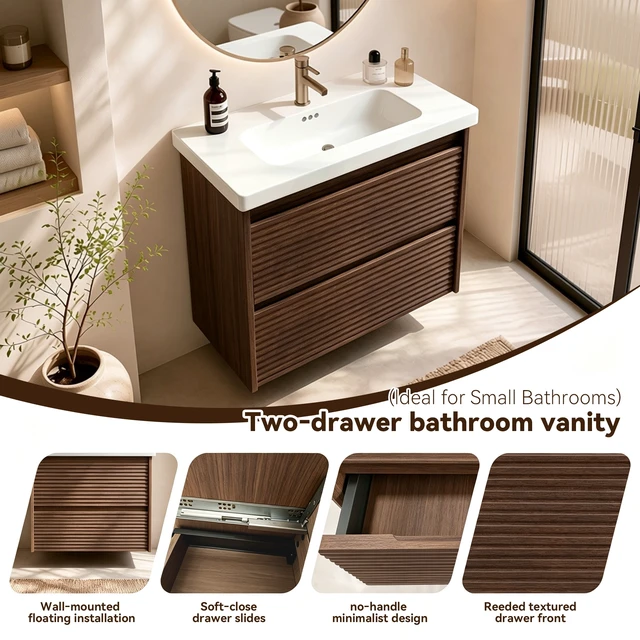 Alt view image 7 of 7 - Wall Mount 24 Inch Vanity with Ceramic Sink with One Faucet Holes, Soft Close 2 Drawer Large Storage Floating Vanity