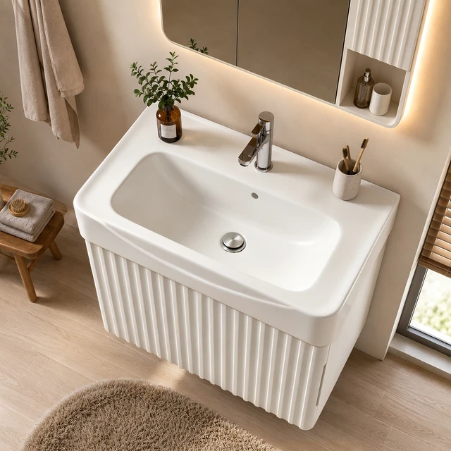 Alt view image 3 of 7 - Wall Inch Vanity with Ceramic Sink with One Faucet Holes, Cabinet Soft Close Doors Pre Installed and Completed, White