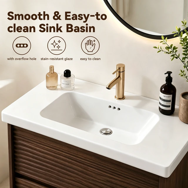 Alt view image 6 of 7 - Wall Mount 24 Inch Vanity with Ceramic Sink with One Faucet Holes, Soft Close 2 Drawer Large Storage Floating Vanity