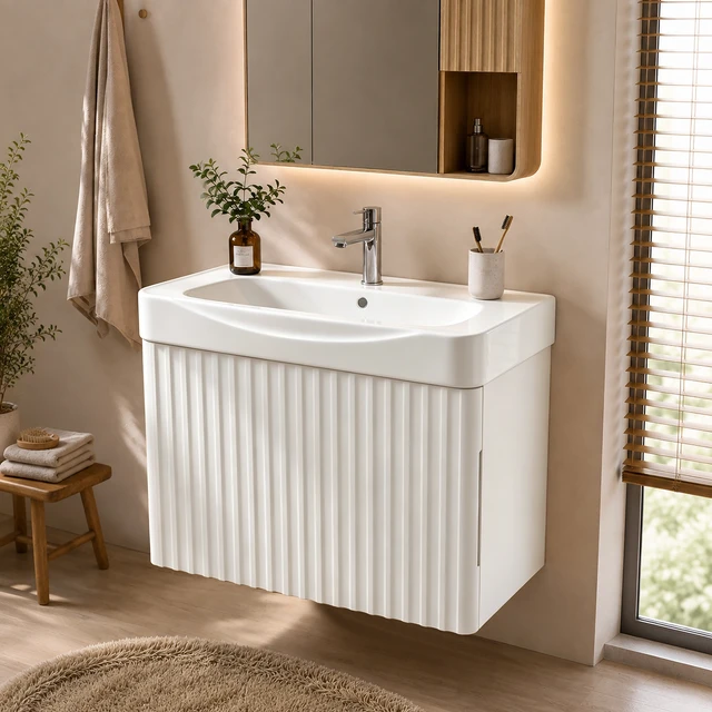 Alt view image 2 of 7 - Wall Inch Vanity with Ceramic Sink with One Faucet Holes, Cabinet Soft Close Doors Pre Installed and Completed, White