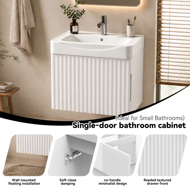 Alt view image 4 of 7 - Wall Inch Vanity with Ceramic Sink with One Faucet Holes, Cabinet Soft Close Doors Pre Installed and Completed, White