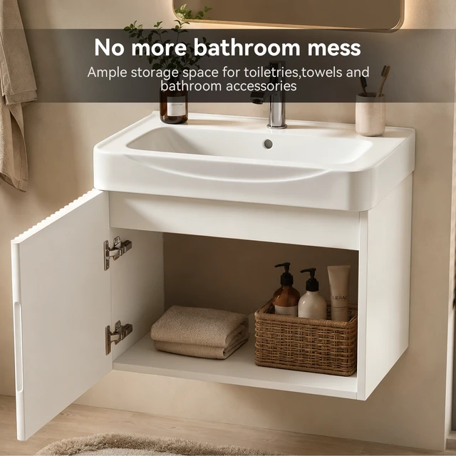 Alt view image 5 of 7 - Wall Inch Vanity with Ceramic Sink with One Faucet Holes, Cabinet Soft Close Doors Pre Installed and Completed, White